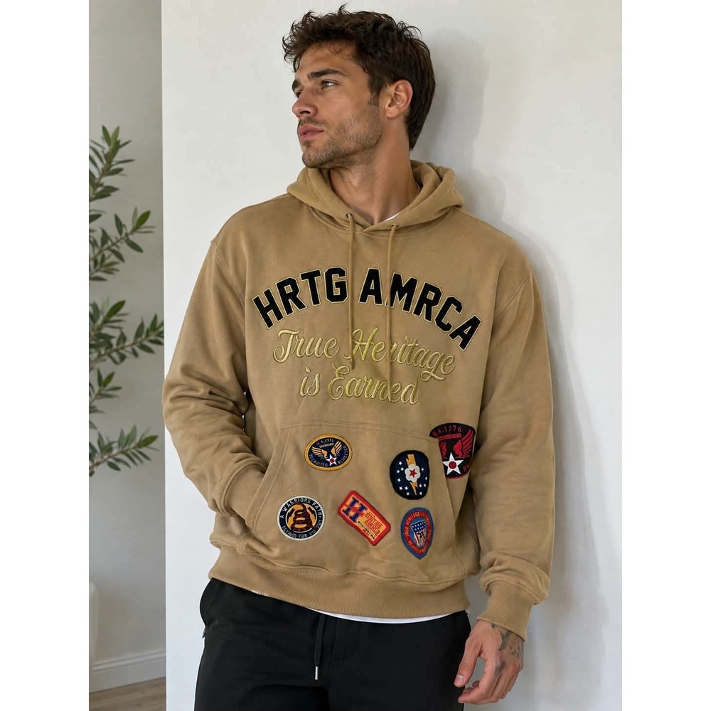 NWT Heritage America 1776 Men's XL Patch Hoodie Embroidered HRTG AMRCA Tan
